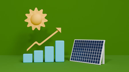 3D scene with solar panel and rising graph on green background, symbolizing growth towards alternative energyの写真素材