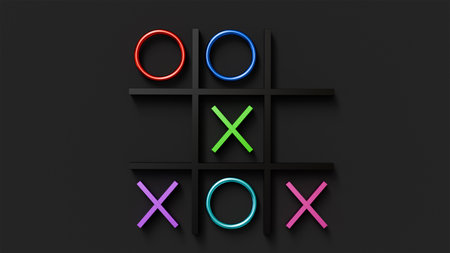 3D model of the classic tic-tac-toe game with multi-colored crosses and zeros on a black backgroundの写真素材