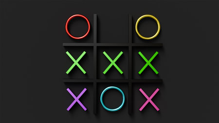3D model of the classic tic-tac-toe game with multi-colored crosses and zeros on a black backgroundの写真素材