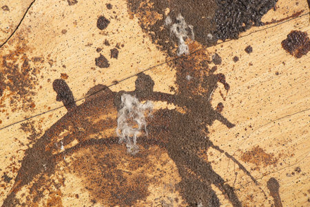 Dirty paint stains on wooden surface as background, paint on tableの写真素材