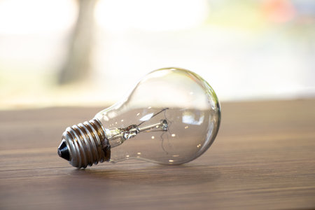 Broken spiral of a light bulb that lies on a table outside, a broken heating lampの写真素材