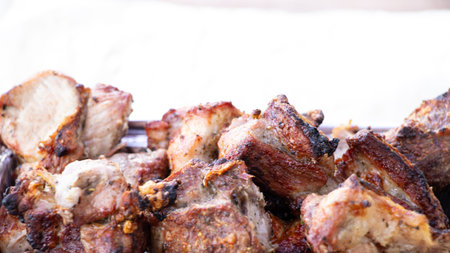 Grilled shashlik close-up on a light background, fried meat, space for textの写真素材