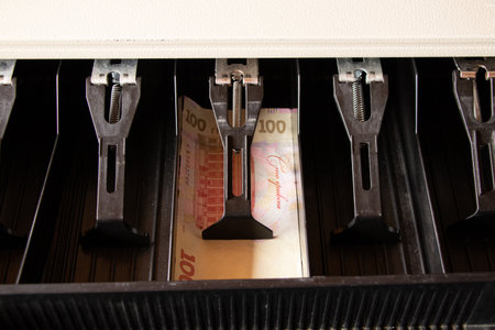 100 hryvnia bills are in the cash drawer, profit, cash in the cash register in Ukraineの写真素材