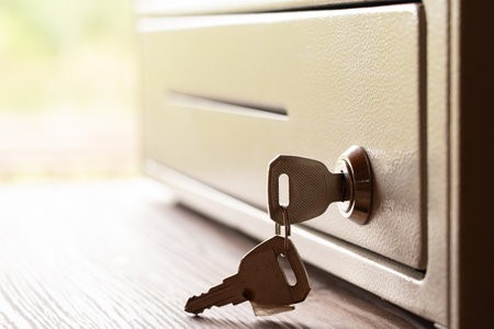 Cash drawer keys on table, cash drawer for storing moneyの写真素材