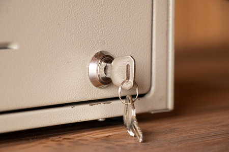 Cash drawer keys on table, cash drawer for storing moneyの写真素材