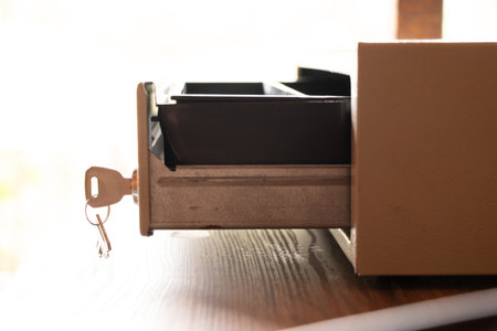 Open cash drawer with key on table, cash register in the sunの写真素材