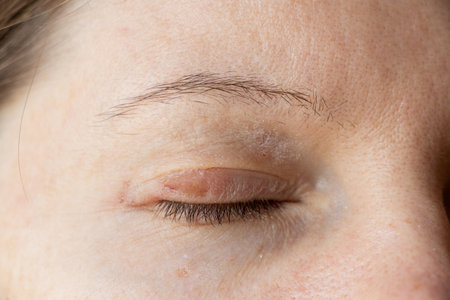 Removed papillomas on the eyelid of a young girl after cauterization, treatment of papillomasの写真素材