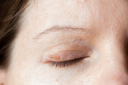 Removed papillomas on the eyelid of a young girl after cauterization, treatment of papillomasの写真素材