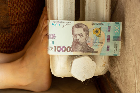 1000 UAH near a white radiator and women's feet warming up near a battery in an apartment in Ukraine, tariff for central heating in an apartmentの写真素材