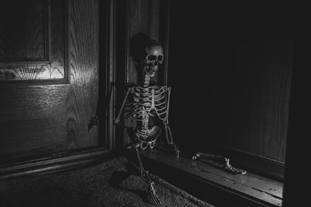 Large skeleton sitting in the corner near the door on the floor in the dark, scary skeleton, black and white photoの写真素材