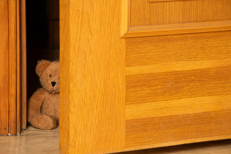 A lonely teddy bear sits on the floor and looks out from behind an open door in an apartment, childhood and lonelinessの写真素材