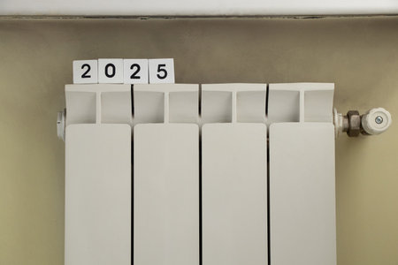 White battery under the window in the apartment wall and cubes with the year 2025, heating system, warm houseの写真素材