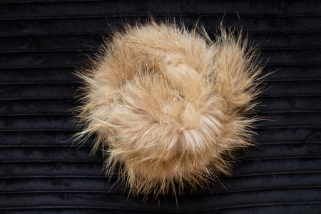 Fur in a ball on a black velour background, textile texture for background, fashion and designの写真素材