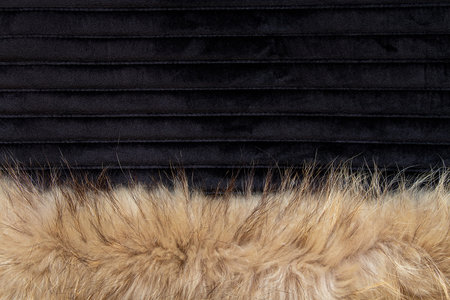 Brown fur collar on black velour background, textile texture for background, fashion and designの写真素材