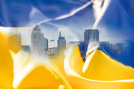 Flag of Ukraine over the city of Dnipro view of the city center on the embankmentの写真素材