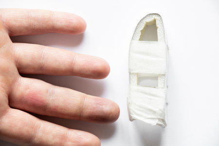 Broken male finger on hand and fixator for broken finger on white background, fracture and accident