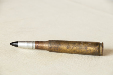 Single large caliber cartridge on light fabric, militaryの写真素材