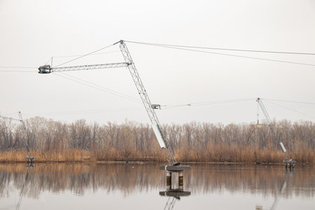 Cable wakeboard tower on a lake in Ukraine, installation for ridingの写真素材