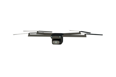 3D model of a black drone with a camera, visualization of an aircraft on a white backgroundの写真素材