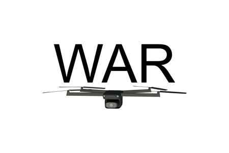 3D model of combat black drone with WAR text on white background, future drone warfare concept and combat technologyの写真素材