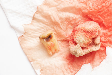 An extracted tooth with a black hole in the middle of the tooth, close-up against the background of a bandage with blood, a sick tooth after extraction that cannot be restored, dentistryの写真素材