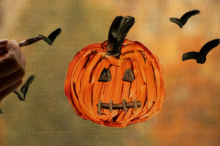 Pumpkin drawing on window as Halloween decoration in apartment with autumn backgroundの写真素材
