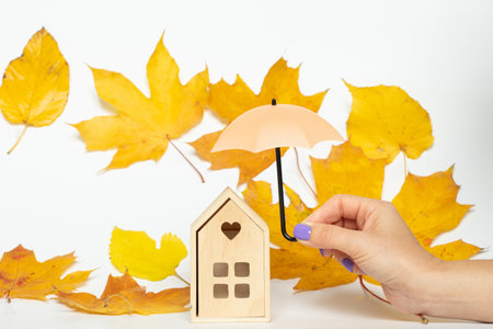 Autumn coziness, miniature wooden house under umbrella and yellow maple leaves on white background, autumn weatherの写真素材