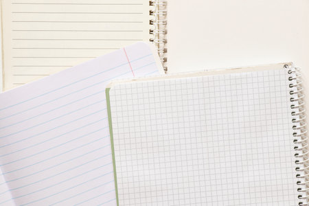 Variety of school notebooks and notepads, lined and squared pages, school supplies, top viewの写真素材