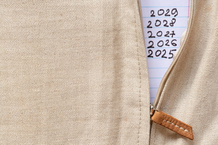 The fabric and the zipper are open, from the inside there is a paper with the inscription years from 2025 to 2029, planning, organizer, notebookの写真素材