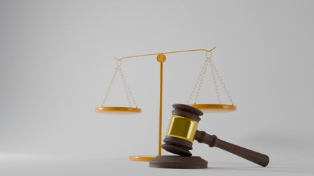 3D illustration of scales of justice and judge's gavel on gray background, symbol of law, jurisprudence and fair trialの写真素材