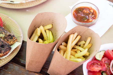 Fried potato strips and tomato salad on a wooden table in a street cafe, takeaway food