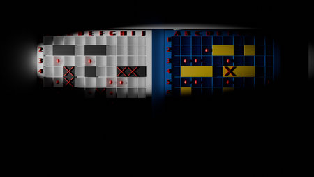 3D model of the board game Sea Battle one board is black and white and the second is in the colors of the Ukrainian flag yellow and blue, the playing field with ships in the darkの写真素材