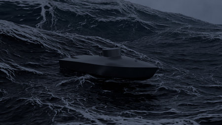 Ukrainian combat naval drone, modern unmanned watercraft floating in the sea, strike systemの写真素材