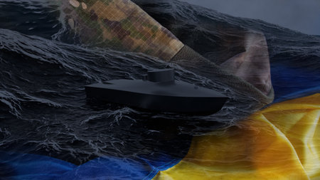 Ukrainian combat naval drone, modern unmanned aerial vehicle against the background of the Ukrainian flag and soldier's uniform at sea, strike systemの写真素材