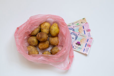 Raw potatoes in a bag and Ukrainian hryvnia on a white background, a symbol of the high cost of vegetables and rising food pricesの写真素材
