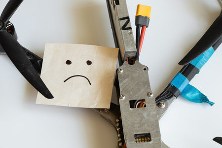 Combat drone with sad smiley face on white background, symbolの写真素材