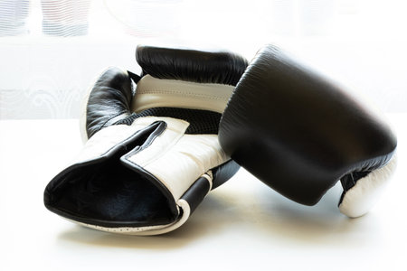 Black and white boxing gloves on a white background, gloves for boxing and trainingの写真素材