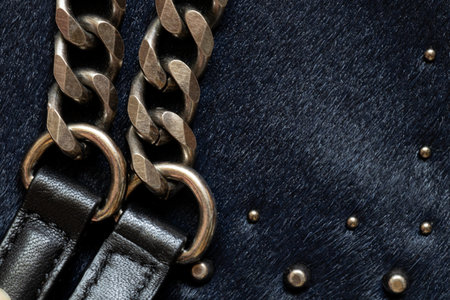 Dark fur with metal decorations, background and texture of black women's bag close-upの写真素材