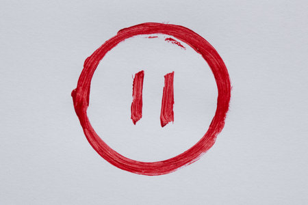 Hand painted watercolor red pause sign in circle on white background, video or music stop symbol,...