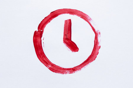 Red watercolor clock on white paper, clock icon for designの写真素材