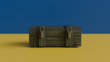 Closed army box of green color with metal locks stands on the flags of Ukraine, military aid for...