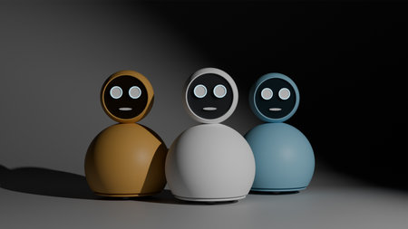 Three white, light blue and brown home assistant robots with face screens in the dark, representing...