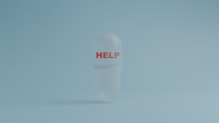 Transparent medicine capsule with help description on blue background as a concept of medical care,...