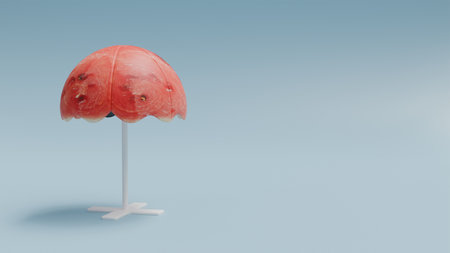 Beach umbrella with watermelon texture on blue background, conceptual summer item, umbrella for banners and designsの写真素材