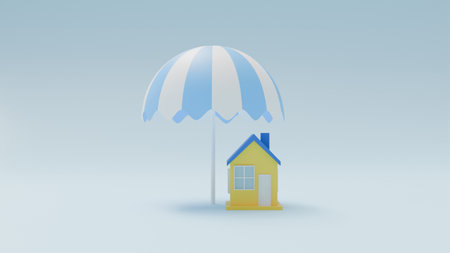 House in the colors of the Ukrainian flag under a beach umbrella on a blue background, the concept of protecting housing in the summer, summer seasonの写真素材