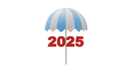 Striped white and blue beach umbrella and the year 2025 red on a white background for templates and...