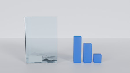 Transparent ballot box with ballots inside and bar chart in white room on election and statistics,...