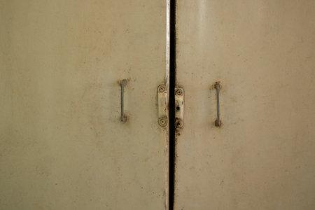 Old kitchen cabinet doors with white paint and iron handles in an apartment in Ukraine