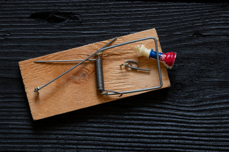 Chess piece king in the colors of the Russian flag in a mousetrap on a wooden board