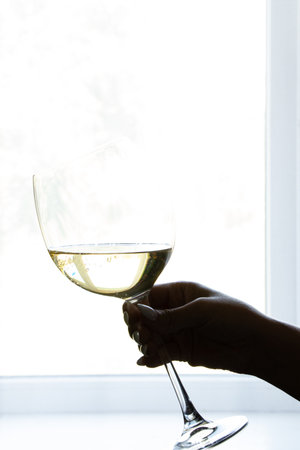 Woman's hand with manicure holding a glass of white wine by the window in a bright roomの写真素材
